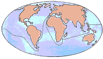 Imagen donde se observa al planeta tierra y algunas rutas marinas