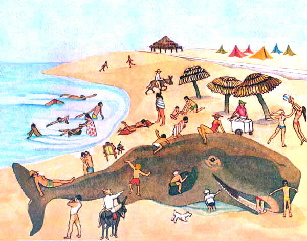 Imagen de una ballena a la orilla de la playa rodeada de gente