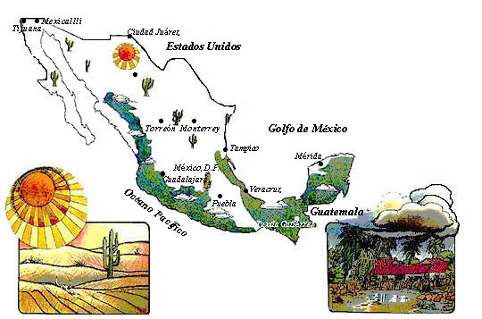 Imagen donde se aprecian las zonas desrticas y las zonas hmedas de Mxico