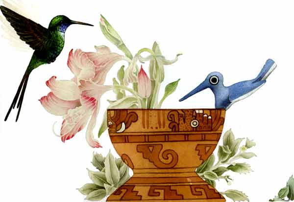 Imagen de un par de colibres cercanos a una copa ceremonial teniendo como fondo una flores