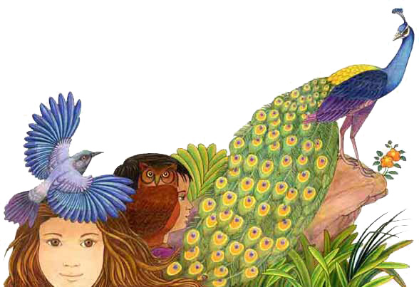 Imagen donde se aprecia el colorido de las plumas de un pavo real adems de un bho posado en el hombro de un nio y una nia con un ave en la cabeza
