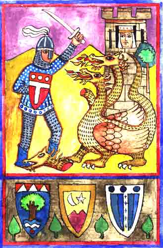 Imagen de un prncipe peleando con un dragn de tres cabezas por rescatar a una princesa de la torre