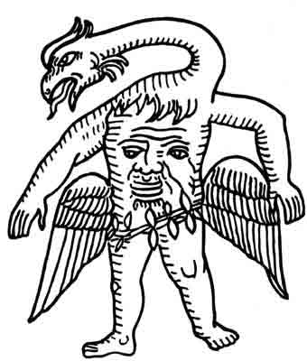 Imagen de un ser mgico con alas, cara en el pecho y cabeza de dragn