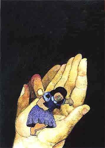Imagen de la palma de un gigante sosteniendo el cuerpo de una nia