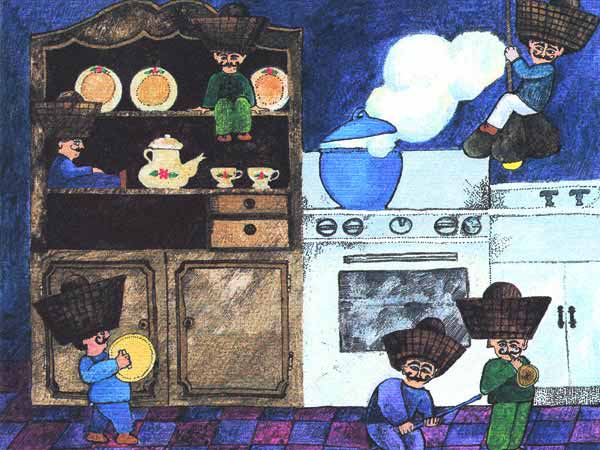 Imagen donde aparecen varios duendes saliendo por las noches a jugar en la cocina