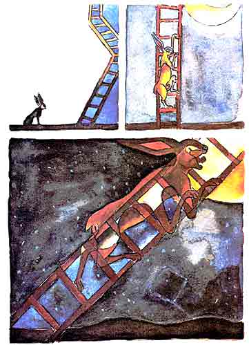 Imagen donde aparece el conejo subiendo las escaleras que lo conducen a la luna