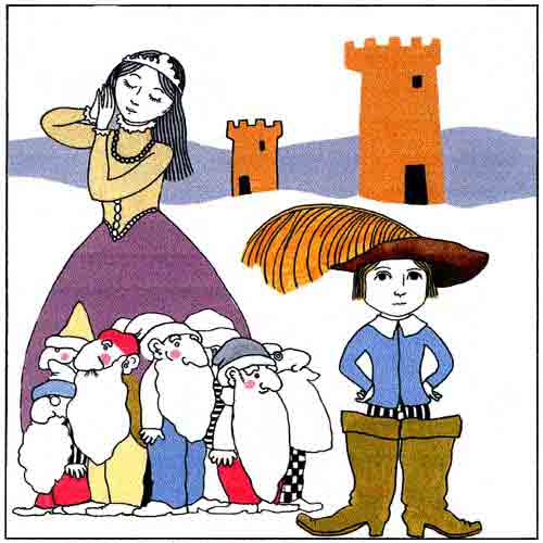 Imagen donde aparece Blancanieves con sus siete enanos y Pulgarcito con sus botas de siete leguas