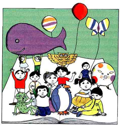 Imagen que muestra a los nios y a los personajes que ellos crearon como un pingino, un marciano, un buho, una ballena y muchos globos 
