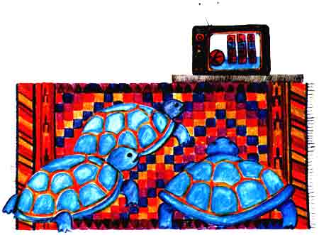 Imagen de unas tortugas observando el televisor