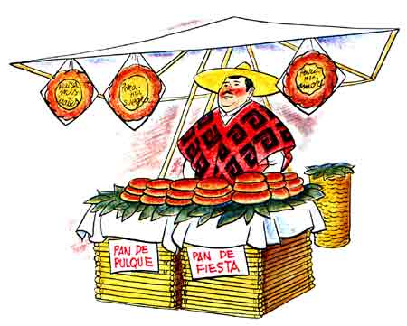 Imagen de un seor vendiendo pan de pulque y pan de fiesta