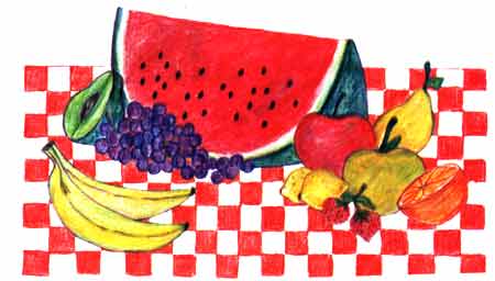 Imagen de frutas como la sandia, uva, pltano, aguacate, manzana, guayabas, naranja, pera y fresa
