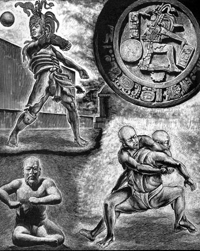 Imagen del juego de pelota y la lucha que eran de los principales juegos prehispnicos
