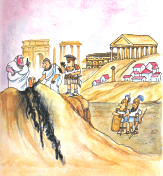 Imagen de romanos viendo como sale petrleo de una roca