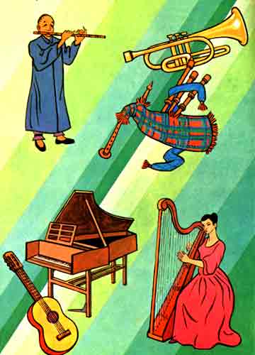 Imagen de un hombre tocando la flauta, una mujer tocando el arpa, un piano, una guitarra, una trompeta y una gaita