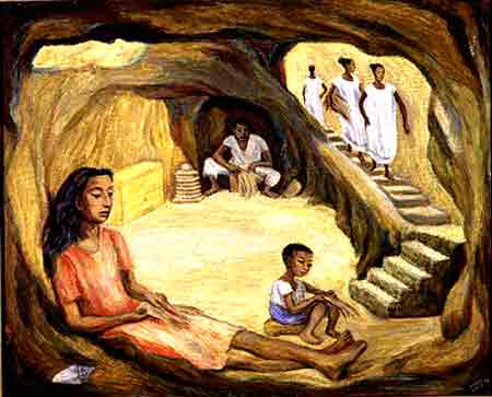 Imagen de un leo de Alfredo Zalce titulado Cuevas de Becal