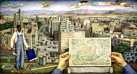 Imagen de un leo de Juan O'Gorman titulado La ciudad de Mxico
