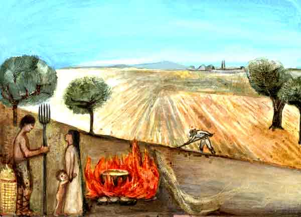 Imagen de un hombre cosechando y una familia calentando comida en una fogata