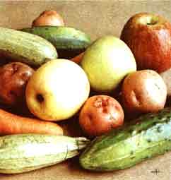 Imagen de frutas y verduras como la papa, zanahoria, calabaza y manzana