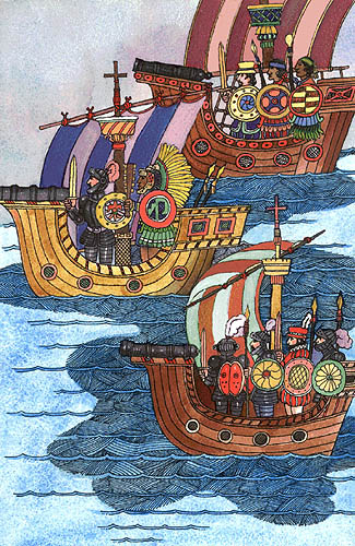 Imagen de barcos espaoles que se dirigan a Tenochtitlan