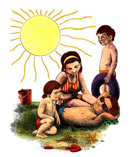 Imagen de una familia tomando el sol
