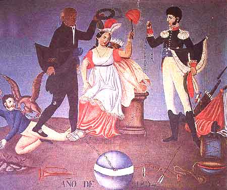 Imagen donde aparece el padre Hidalgo coronando a la patria e Iturbide rompiendo unas cadenas