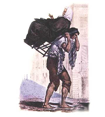 Imagen de un mendigo llevado en los hombros de una persona