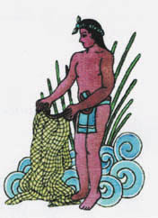 Imagen de un hombre prehispnico con una red para pesca