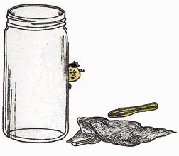 Imagen de un frasco de vidrio, una gasa, una liga y un niño