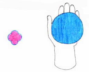 Imagen de una mano tapando un crculo azul y una flor