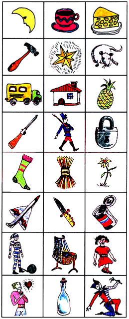 Imagen que contiene ilustraciones de una luna, una taza, un queso, un martillo, una estrella, un ratn, un camin, una casa, una pia, una escopeta, un soldado, un candado, un calcetn, una flor, un cohete, un cuchillo, una lata, un prisionero, una cuna, una mueca, un enamorado, una botella y un arlequn