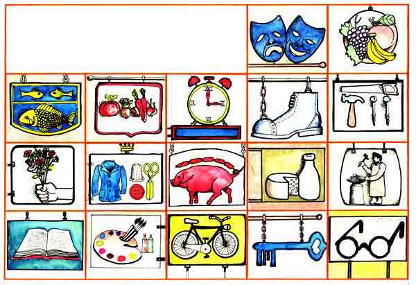 Imagen que contiene varias ilustraciones como frutas, pescado, verduras, un reloj, unos tenis, herramienta, flores, ropa, derivados del puerco, queso, libros, pinturas y una bicicleta