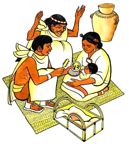 Imagen de un sacerdote con una familia azteca