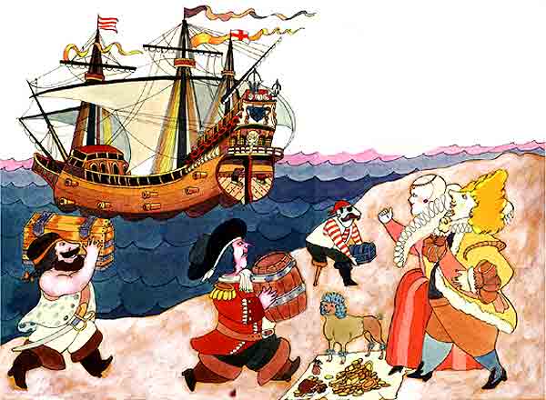 Imagen de piratas entregando tesoros a un rey