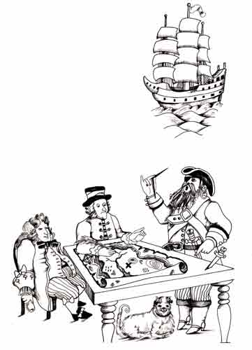 Imagen de piratas planeando su próximo robo
