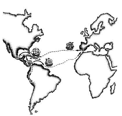 Imagen de un mapa que muestra las rutas de los piratas en América