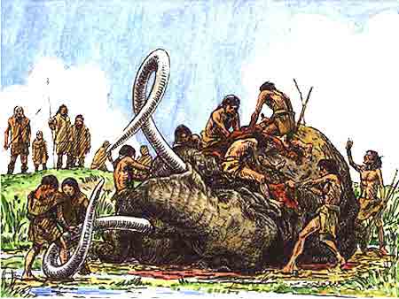 Imagen de las bandas comiendo al mamut