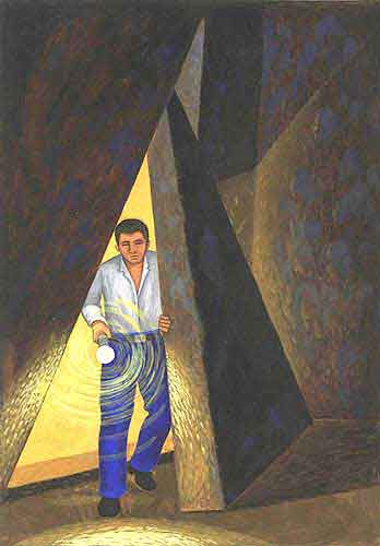 Imagen de un hombre entrando por una abertura triangular