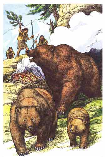 Imagen de cazadores ahuyentando a unos osos de la cueva
