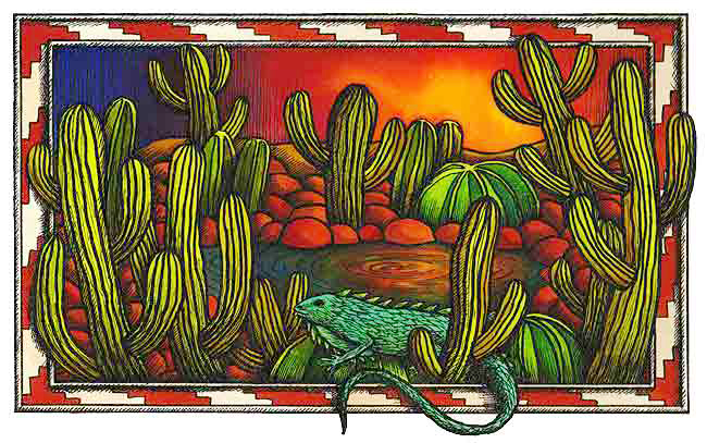 En esta imagen es un dibujo de una iguana entre varios cactus. Ya que estn narrando una leyenda de los ppagos,  habitantes del desierto de Sonora. De cuando llegaron a vivir al desierto, pero que olvidaron pedirle permiso al Seor del desierto. 