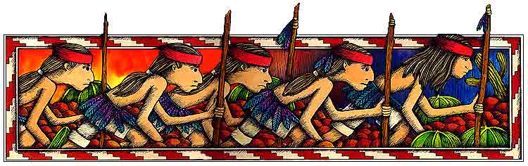 En esta imagen con el mismo paisaje colorido van cinco indgenas, llevan sus lanzas, van atravesando el desierto, van caminando bajo un intenso sol.