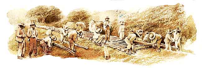 En esta imagen se ve una escena de la poca de la Revolucin, donde se est construyendo la va del tren con madera.