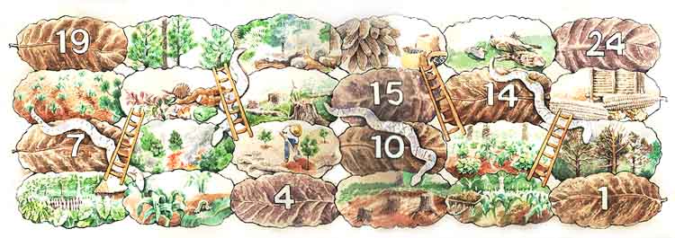 Aqu se la imagen de un juego de Serpiente y Escaleras, las casillas son hojas de rboles, y dibujos del bosque.