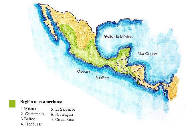 Esta es la imagen de un mapa de la Repblica mexicana y parte de Centroamrica (Guatemala, Belice, Honduras, El Salvador, Nicaragua y Costa Rica). Est marcado con verde la zona de la regin mesoamericana.