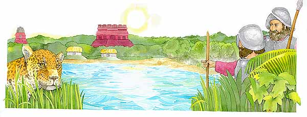 En este dibujo se ven llegando los espaoles a Mxico, a lo lejos se ven unas pirmides, un lago y un jaguar entre la vegetacin.