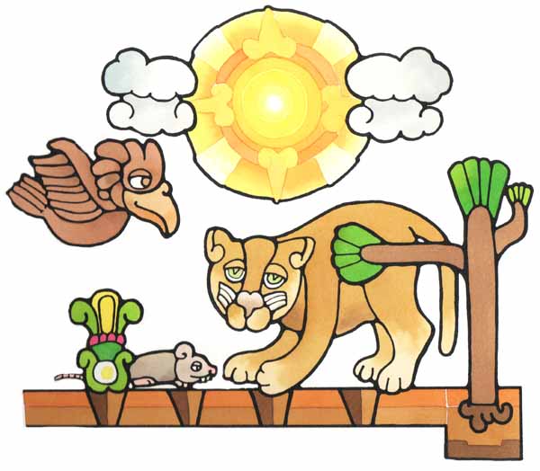 En este dibujo se ve a un jaguar, con un ratn, una guila.