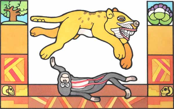 En esta imagen se ve al jaguar llevando al chango a la selva para devorarlo.