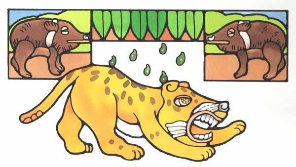 En esta imagen se ve al jaguar manchado de las frutas que le han arrojado. Desde entonces el jaguar es pinto.