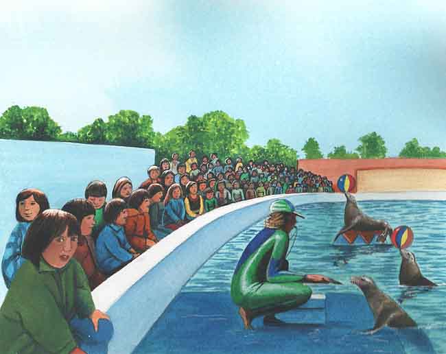 Aquí vemos cómo los lobos marinos son llevados a circos y parques acuáticos, donde son utilizados para divertir a la gente al jugar con una pelota y aplaudir.