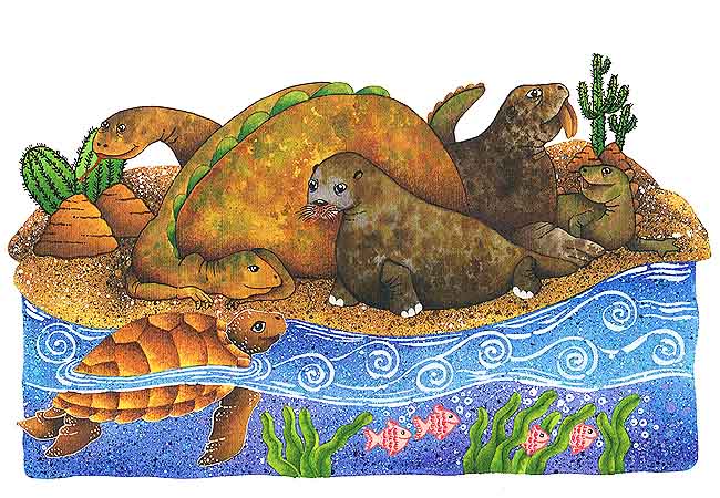 En esta imagen se ve a la tortuga dentro del agua y al lobo marino en la orilla, platicando con ella. Ella le contaba cómo era vivir en el agua y él cómo se vivía en la tierra.
