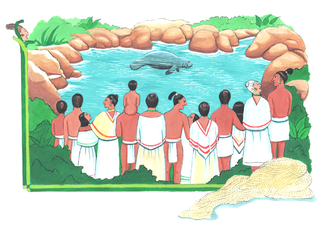 Aquí se ve un grupo de antiguos mayas observando un manatí en el agua. Unos pescadores encontraron al manatí y lo llevaron a una laguna para que lo conocieran.